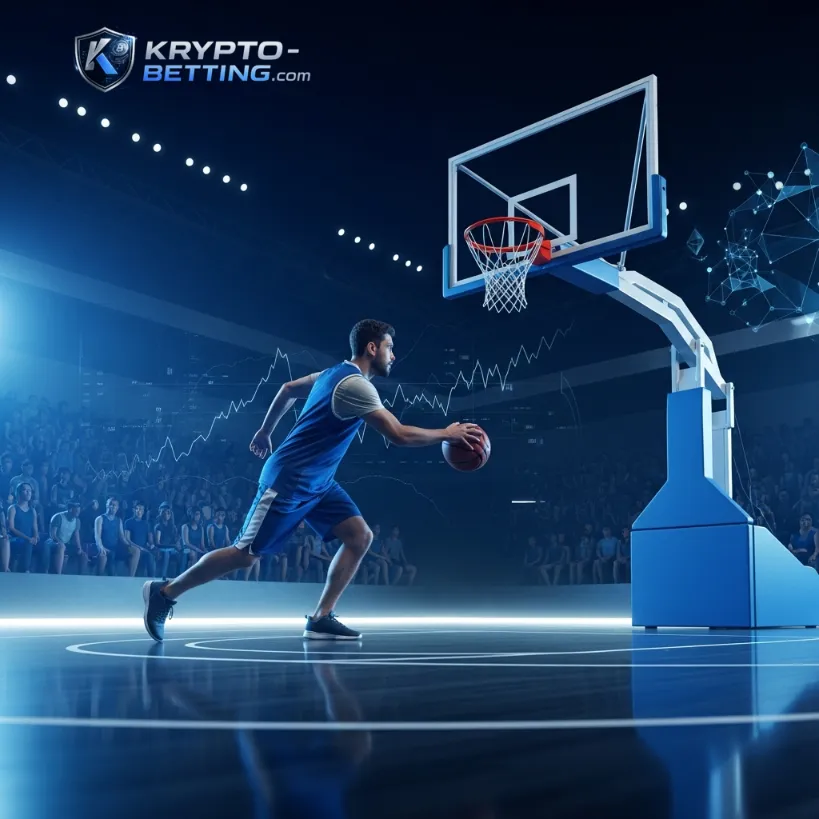 Basketballplatz überlagert mit digitalen Netzwerk-Linien, repräsentiert Ethereum Sportwetten Analysen