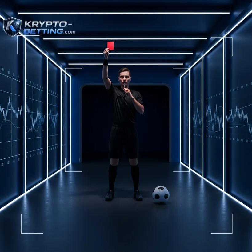 Ein Fußballschiedsrichter mit einer roten Karte in einer technologischen Umgebung, der Klarheit und Antworten auf häufig gestellte Fragen zum Thema Krypto-Wetten gibt.