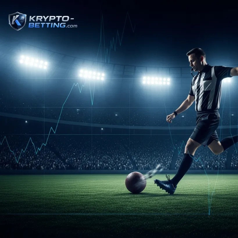 A referee on a football pitch with an overlaid digital line graph, symbolizing the various crypto betting markets available for the Scotland vs Morocco game.